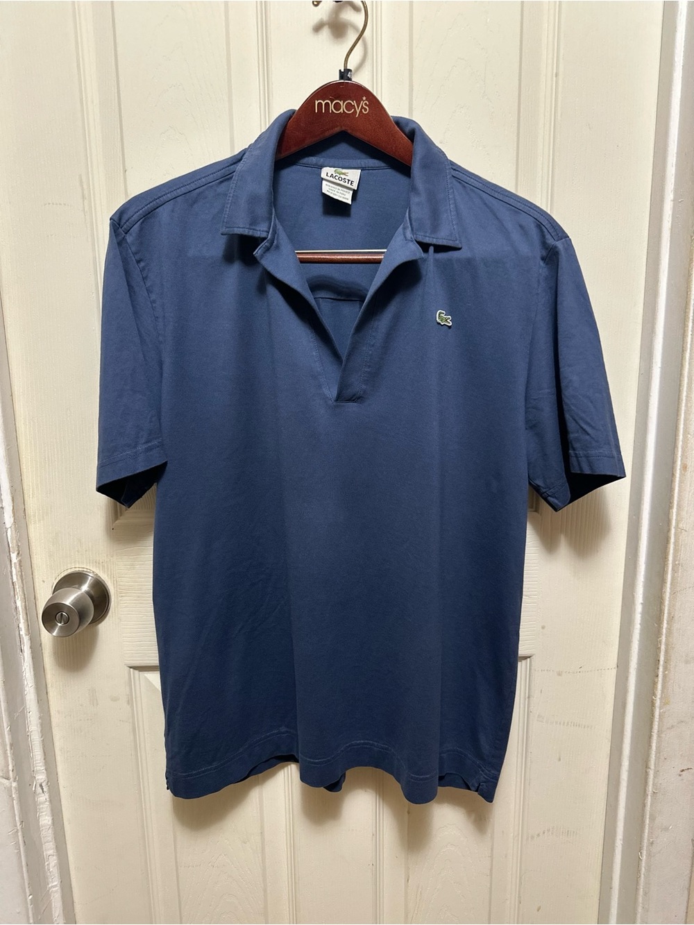 Lacoste Men’s SZ 5/L Slate Blue V-Neck Open Johnny Collar Polo Shirt 5191L #597